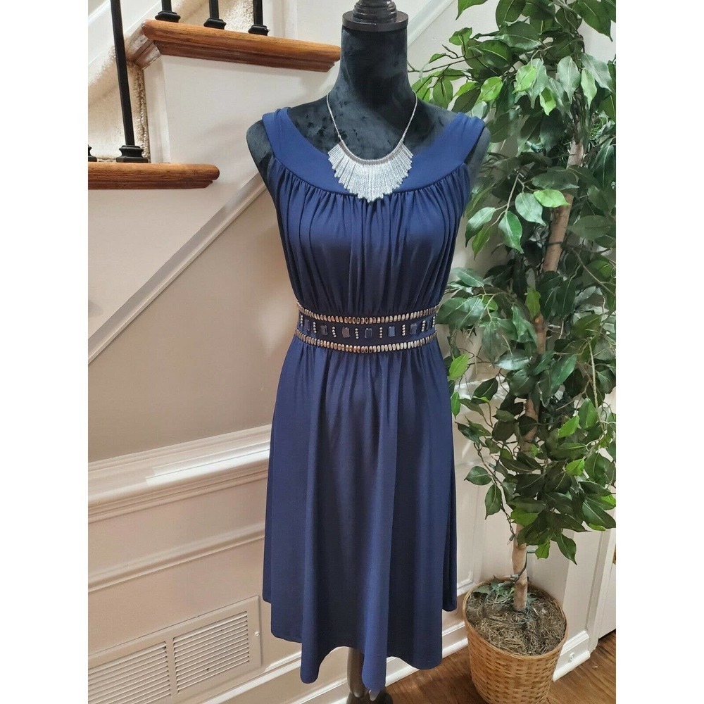 Haani Women Solid Blue Polyester Round Neck Sleeveless Knee Length Dress Size L